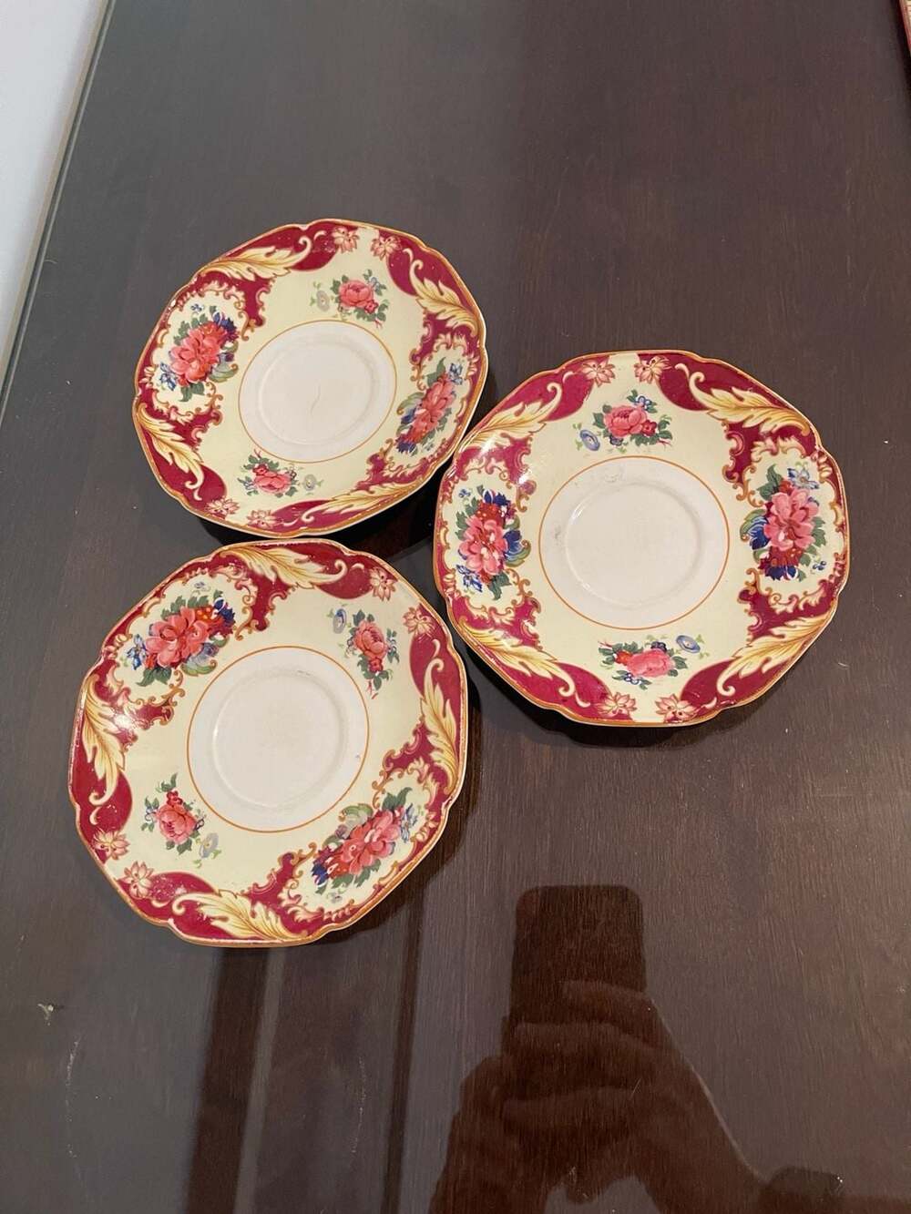 Set of 3 Vintage Crown Ducal Ware CRD38 Maroon Floral Saucers